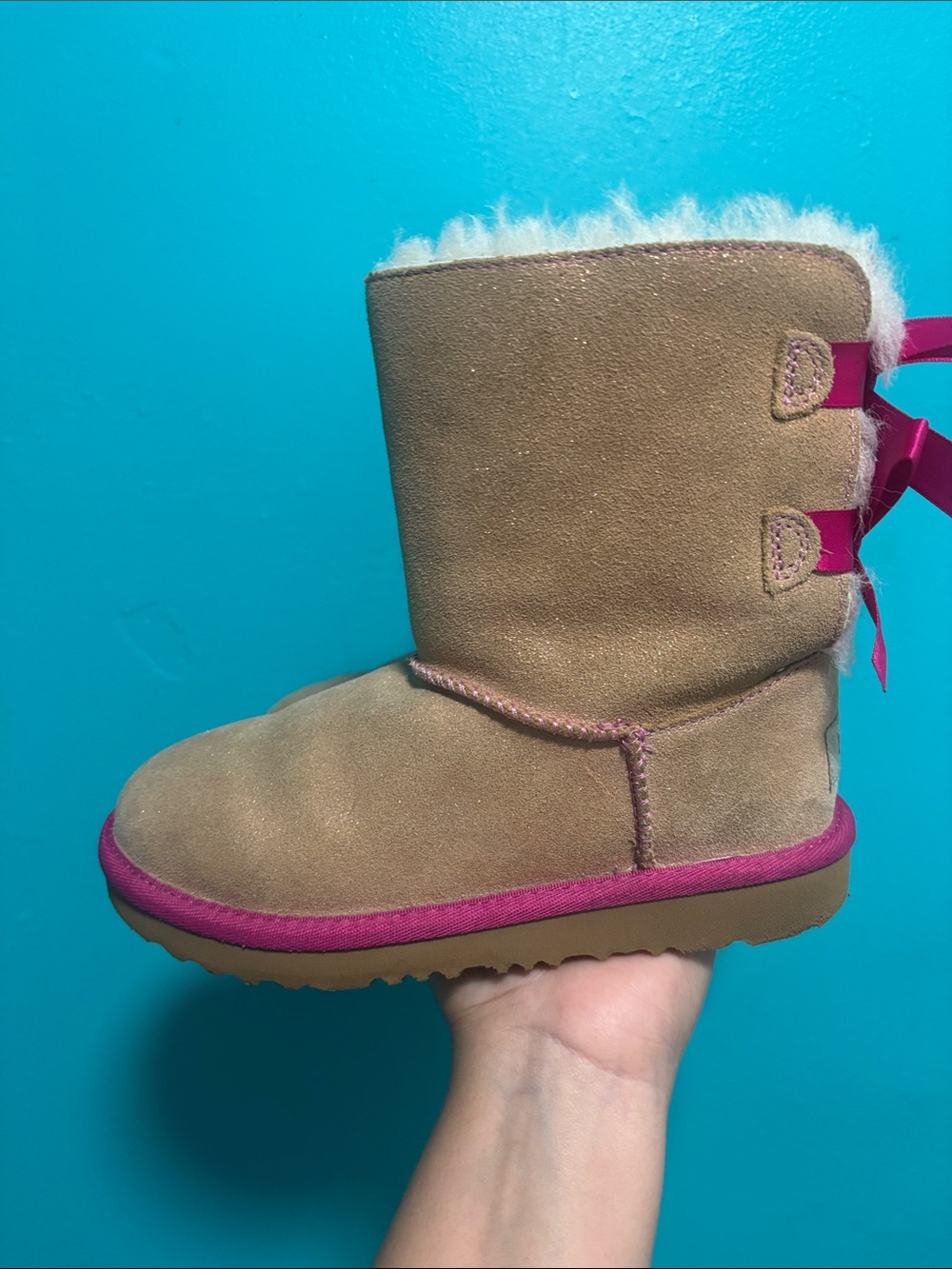 UGG Kids Tan Suede Boots with Pink Accents and Bows - Picture 3 of 8